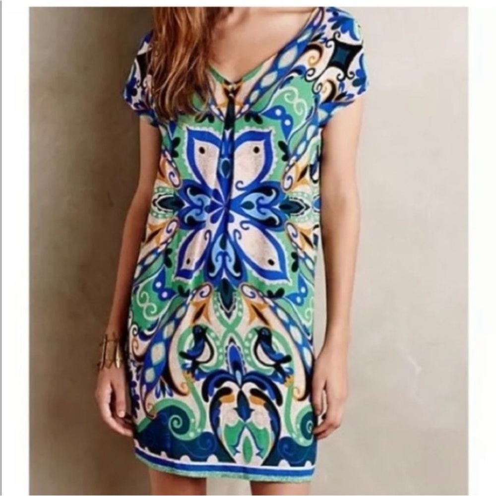 Anthropologie Maeve Folksong Bird Print Dress Sz Medium